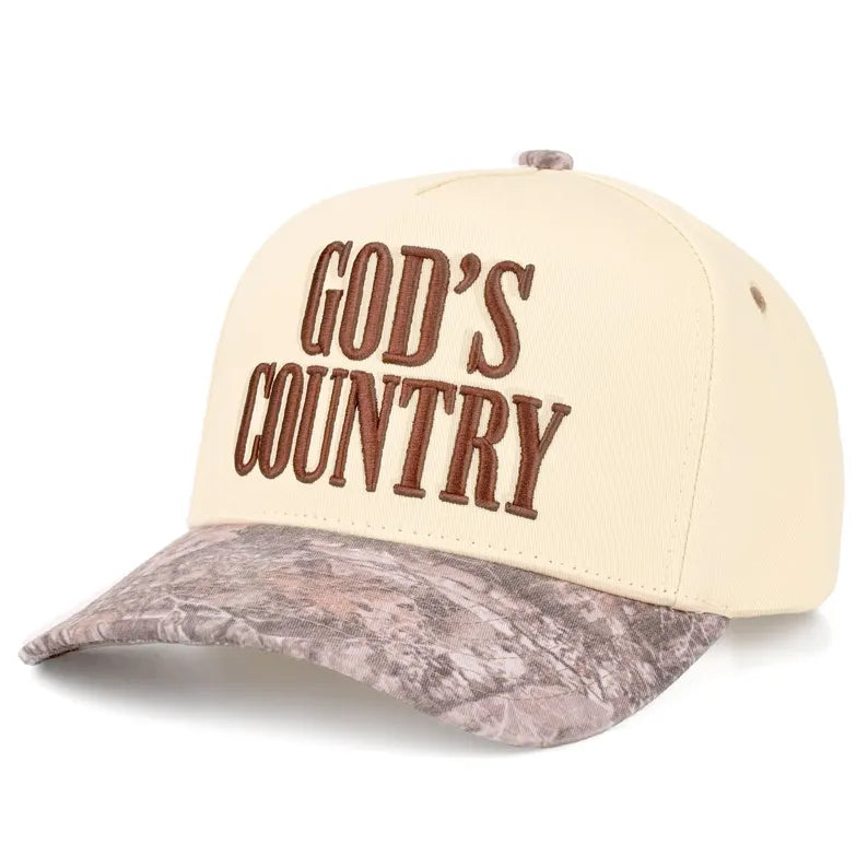 God’s Country Trucker Hat – Cream & Camo Brim
