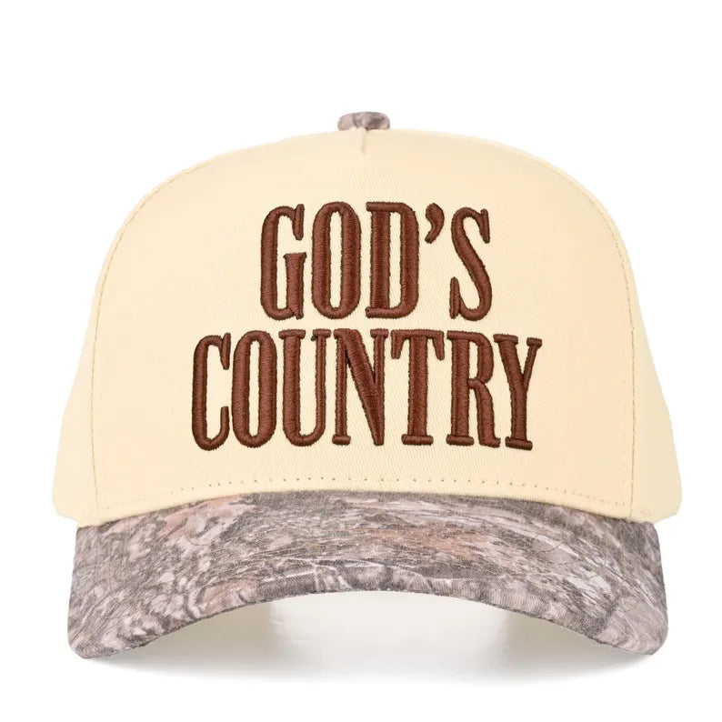 God’s Country Trucker Hat – Cream & Camo Brim