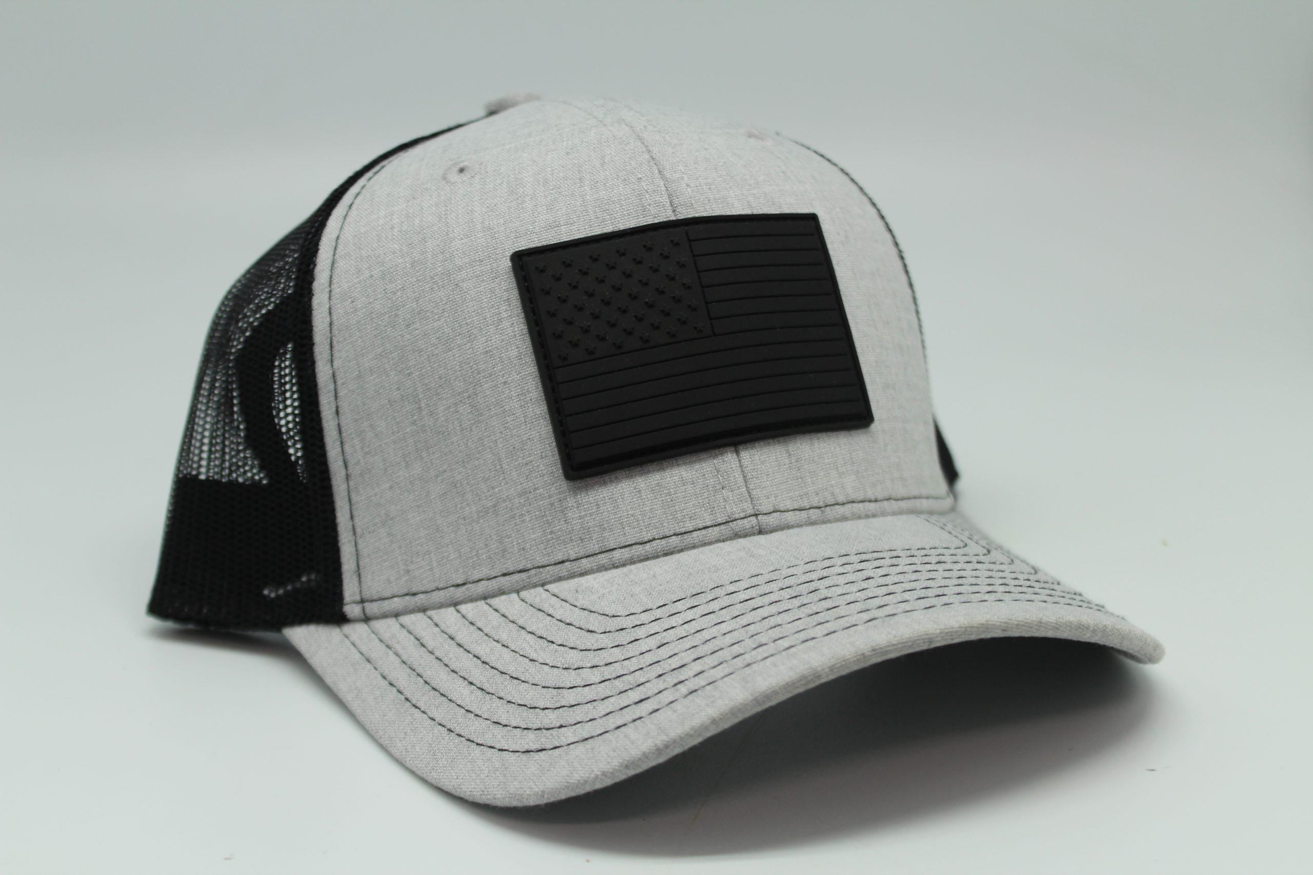 Black American Flag Leather Patch Cap, Patriotic Trucker, Minimal USA Hat