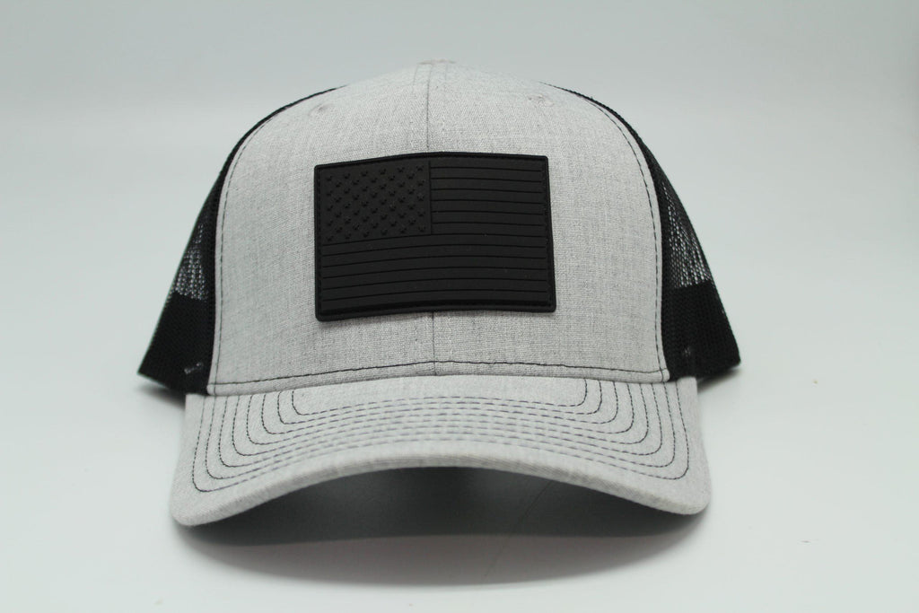 Black American Flag Leather Patch Cap, Patriotic Trucker, Minimal USA Hat